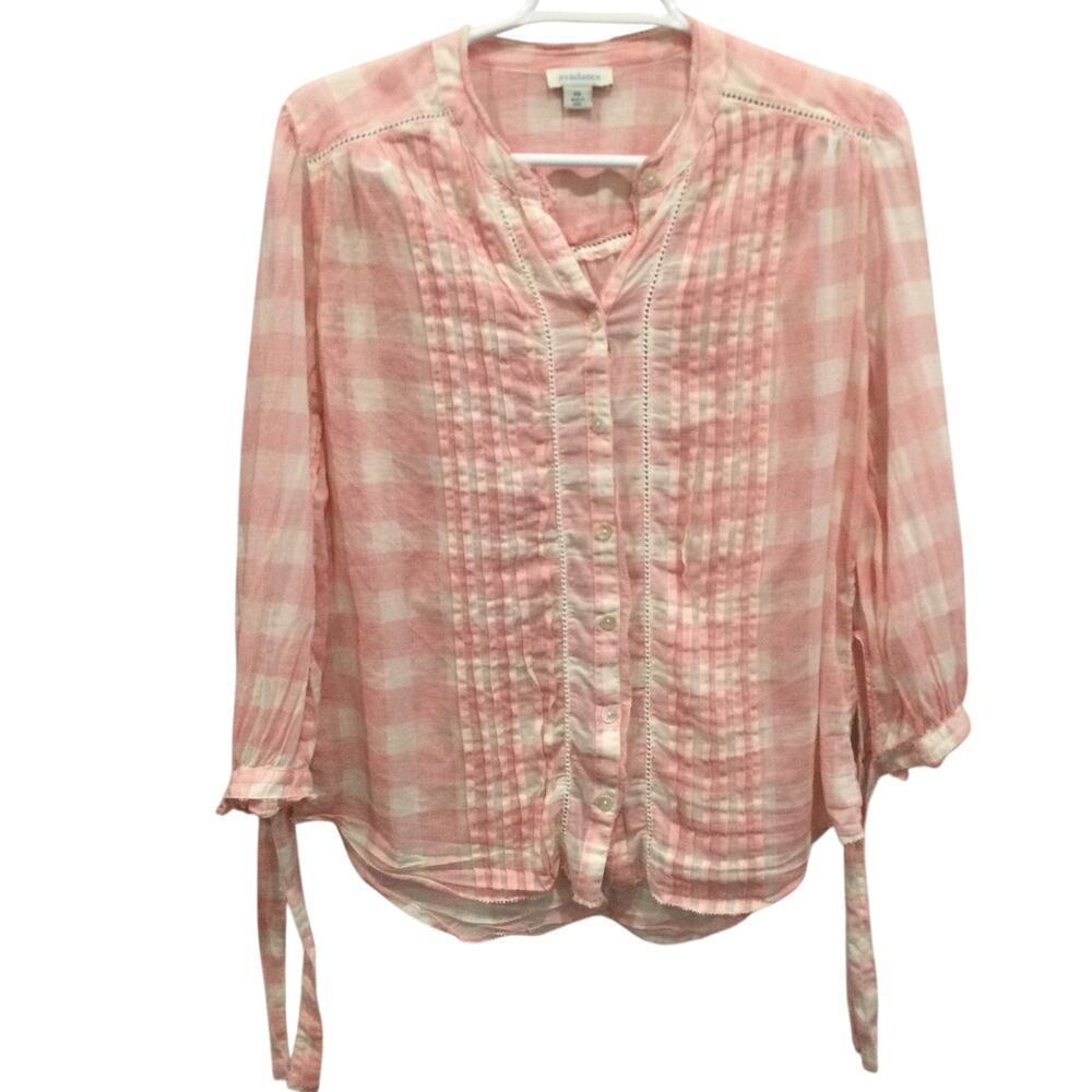 Sundance Risette Top Womens XS Pink Plaid Gingham 3/4 Sleeve Blouse Cottagecore - Picture 2 of 10